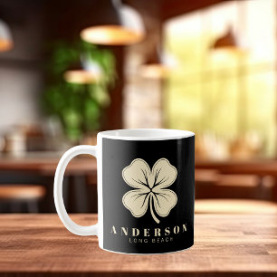 Irish Lucky Four Leaf Clover with Name Black Coffee Mug