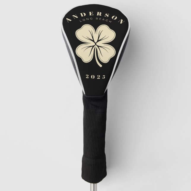 Irish Lucky Four Leaf Clover with Name Black Golf Head Cover (Front)
