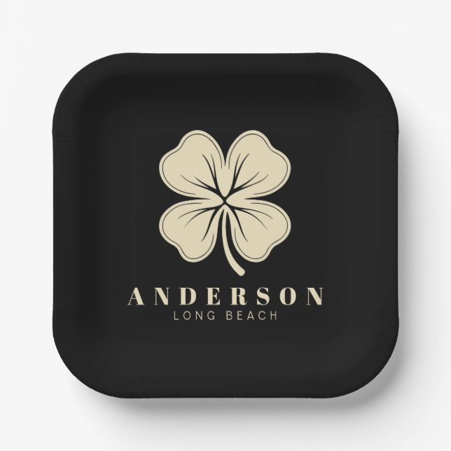 Irish Lucky Four Leaf Clover with Name Black Paper Plate (Front)