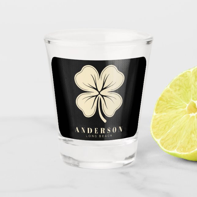 Irish Lucky Four Leaf Clover with Name Black Shot Glass (Front)
