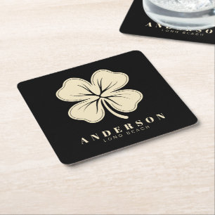 Irish Lucky Four Leaf Clover with Name Black Square Paper Coaster