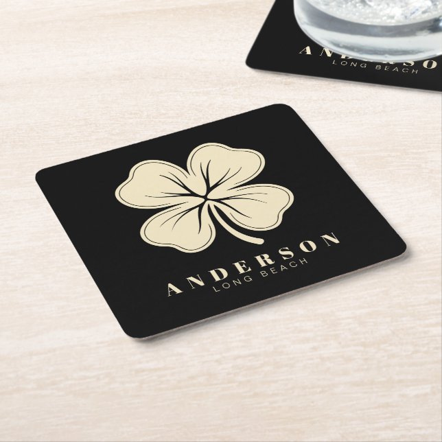 Irish Lucky Four Leaf Clover with Name Black Square Paper Coaster (Angled)