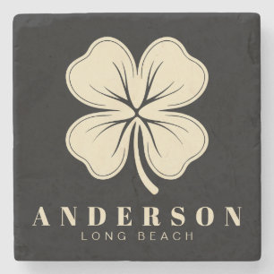 Irish Lucky Four Leaf Clover with Name Black Stone Coaster