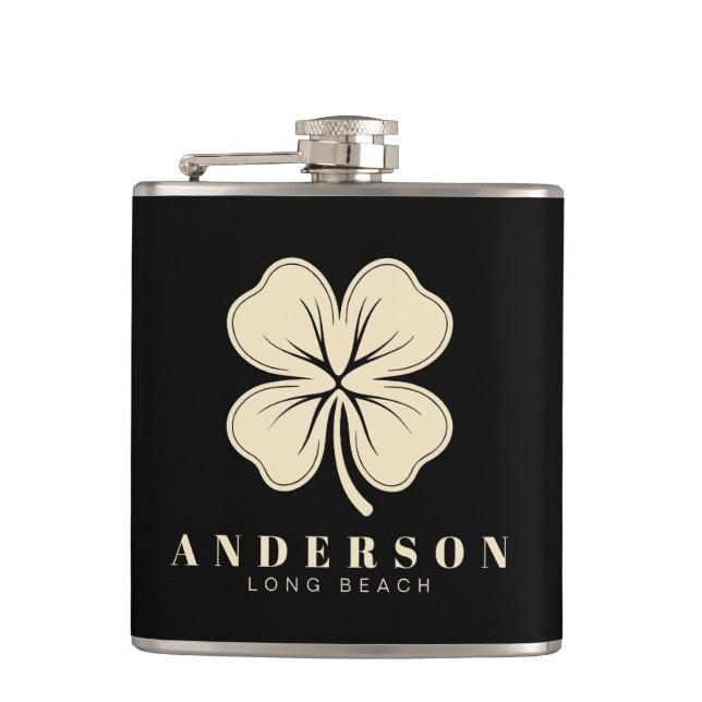 Irish Lucky Four Leaf Clover with Name Black Vinyl Hip Flask (Front)