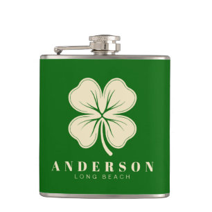 Irish Lucky Four Leaf Clover with Name Green Vinyl Hip Flask