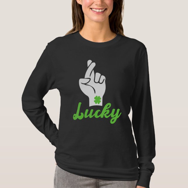 Irish Lucky Shamrock Hand Gesture Funny St Patrick T-Shirt (Front)