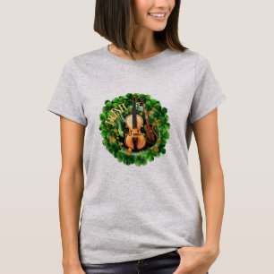 Irish Musician String Instruments in Green Clover T-Shirt