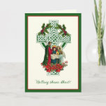 Irish Nativity Virgin Mary Jesus Poinsettias  Holi Holiday Card<br><div class="desc">Featuring a custom designed image of the Nativity of Jesus with the Holy Family overlaid on a green Irish Celtic Cross with red poinsettias. The text on the front reads "Merry Christmas/Happy Christmas" in Irish.</div>