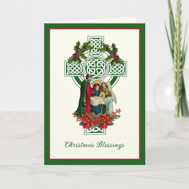Irish Nativity Virgin Mary Jesus Poinsettias  Holiday Card (Front)