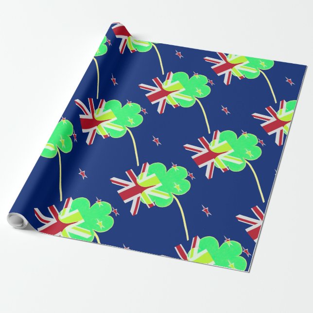Irish New Zealand Flag Shamrock Clover St. Patrick Wrapping Paper (Unrolled)
