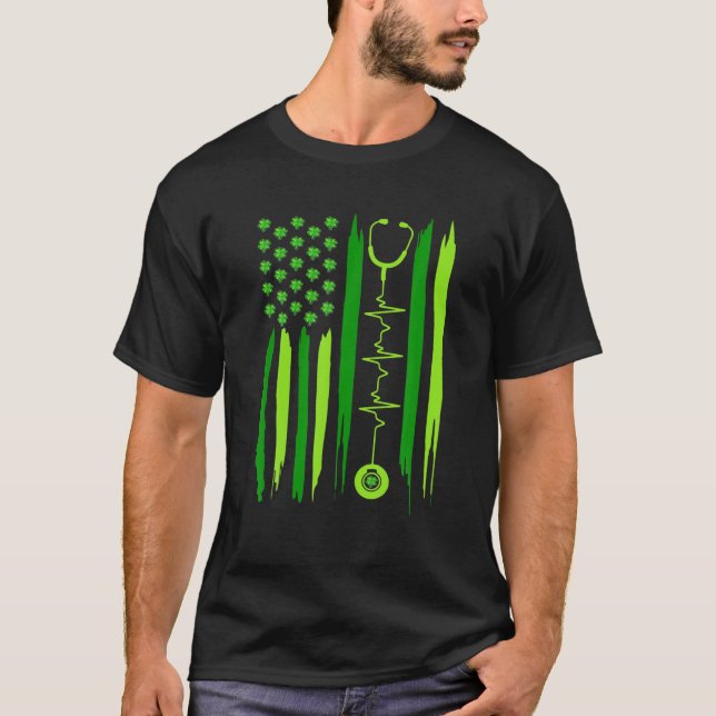 Irish Nurse Heartbeat Stethoscope American Flag Pa T-Shirt (Front)