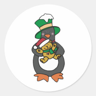 Irish Penguin Holding Christmas Teddy Bear Classic Round Sticker