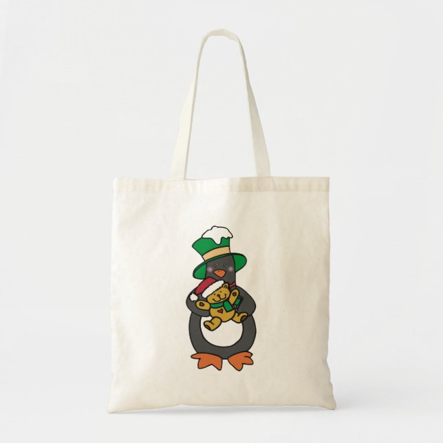 Irish Penguin Holding Christmas Teddy Bear Tote Bag (Front)
