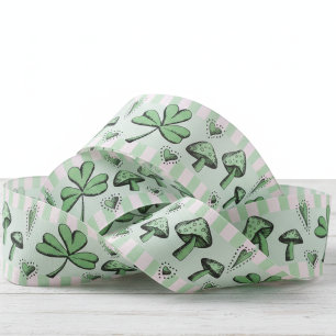 Irish Pink & Green Shamrocks Hearts & Mushrooms 3" Grosgrain Ribbon