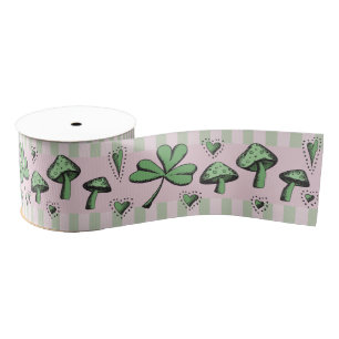 Irish Pink & Green Shamrocks Hearts & Mushrooms 3" Grosgrain Ribbon