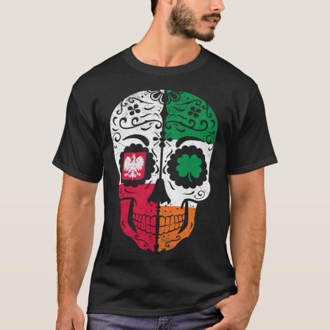 Irish Polish Sugar Skull Ireland Poland Flag St Pa T-Shirt (Front)