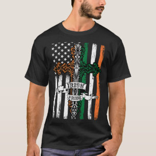Irish Pride Celtic Cross Ireland & USA Flag St Pat T-Shirt
