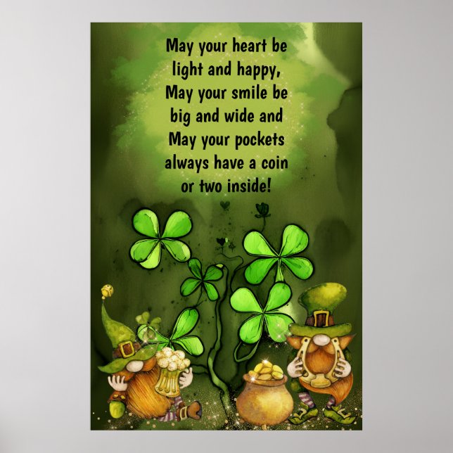 Irish Proverb, Clovers and Leprechaun Gnomes Poster (Front)