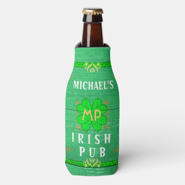 Irish Pub Custom Name Home Bar Green St Patrick's Bottle Cooler (Bottle Front)