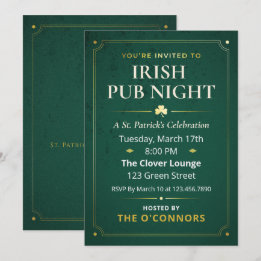 Irish Pub Night Gold & Green Vintage St Patrick Invitation