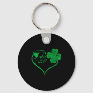 Irish Pug Face Shamrock Clover St Patricks Day Dog Key Ring