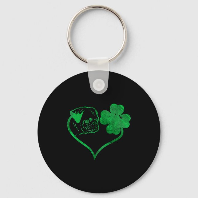 Irish Pug Face Shamrock Clover St Patricks Day Dog Key Ring (Front)