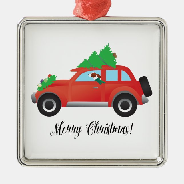 Irish Red and White Setter Driving Christmas Car Metal Tree Decoration (Front)