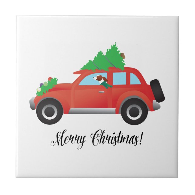 Irish Red and White Setter Driving Christmas Car Tile (Front)
