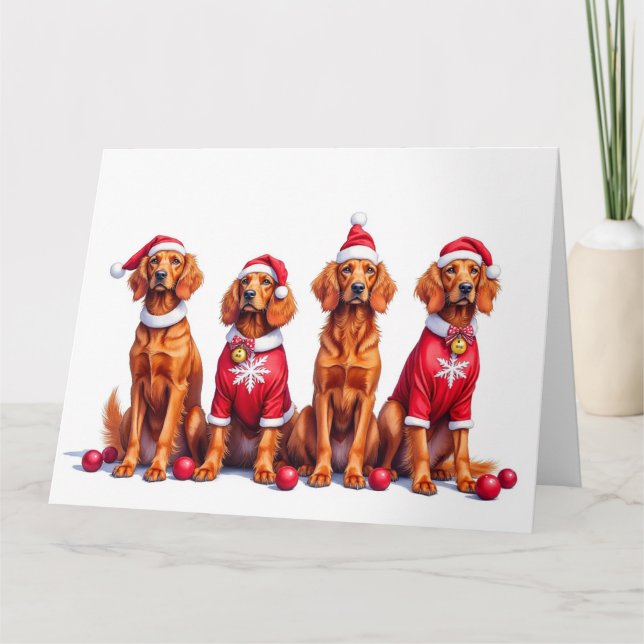 Irish Red Setter Christmas Dress Santa Hat Card (Front)