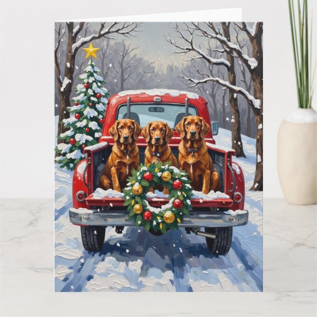 Irish Red Setter Christmas Red Truck Holiday Card (Front)