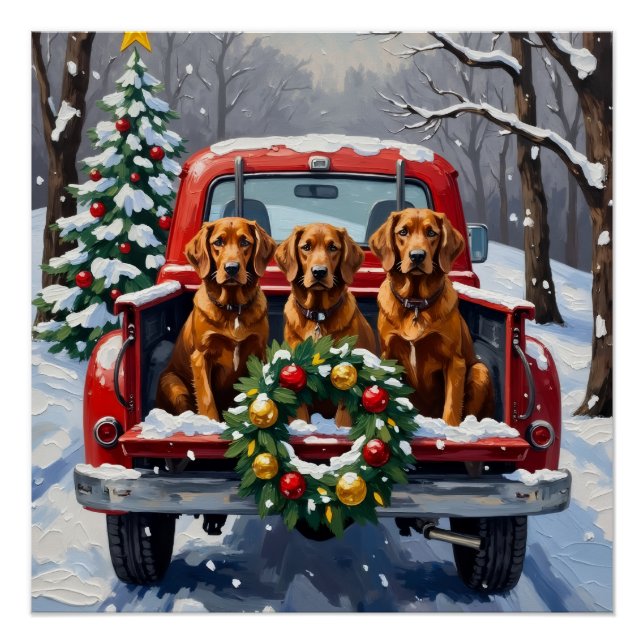 Irish Red Setter Christmas Red Truck Holiday Poster (Front)