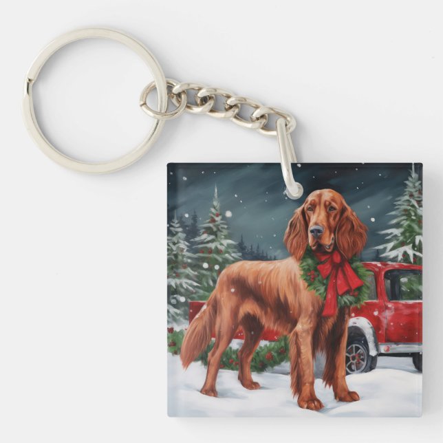 Irish Red Setter Dog in Snow Christmas Key Ring (Front)