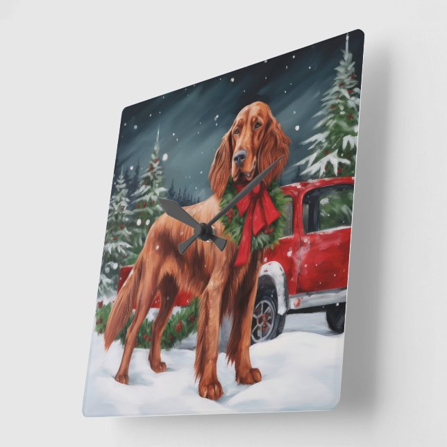 Irish Red Setter Dog in Snow Christmas Square Wall Clock (Angle)