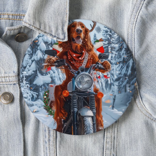 Irish Red Setter Dog Riding Motorcycle Christmas 6 Cm Round Badge (In Situ)