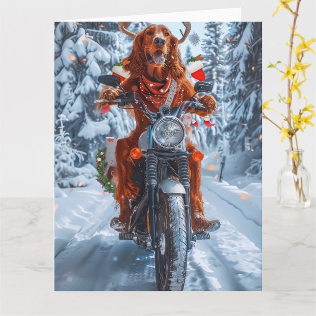 Irish Red Setter Dog Riding Motorcycle Christmas Card (Yellow Flower)
