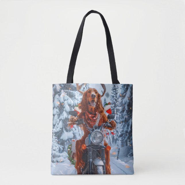Irish Red Setter Dog Riding Motorcycle Christmas Tote Bag (Front)