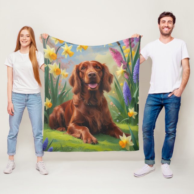 Irish Red Setter Dog Spring Flowers Painting  Fleece Blanket (In Situ)