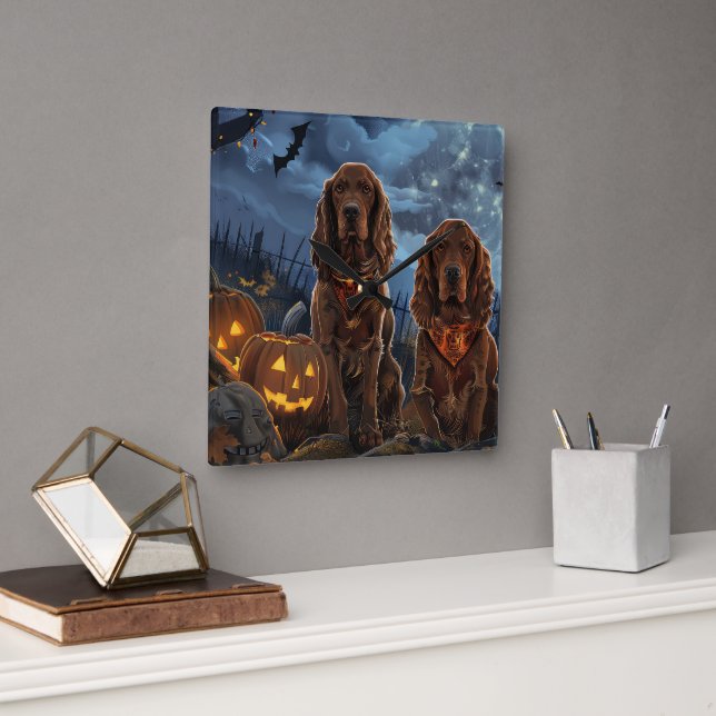 Irish Red Setter Halloween Spooky Square Wall Clock (Office)