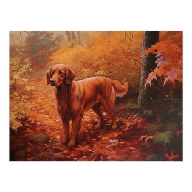 Irish Red Setter in Autumn Leaves Fall Inspire  Poster (Front)