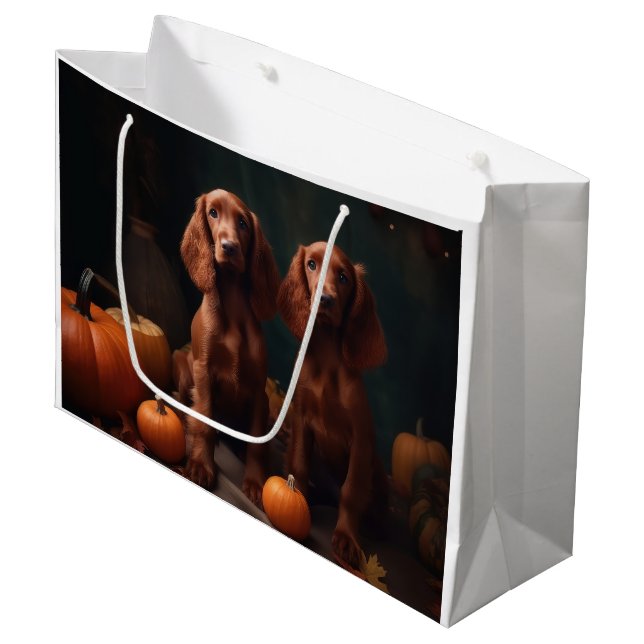 Irish Red Setter Puppy Autumn Delight Pumpkin Large Gift Bag (Front Angled)