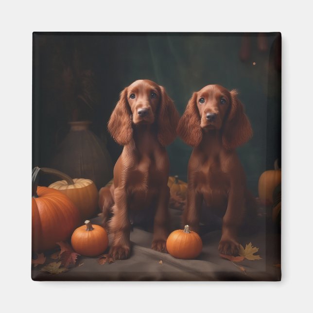 Irish Red Setter Puppy Autumn Delight Pumpkin Magnet (Front)