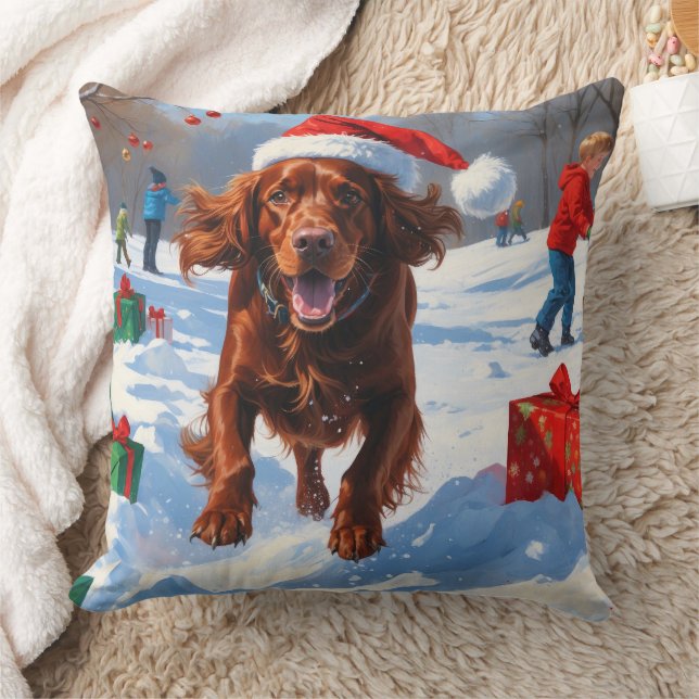 Irish Red Setter Running Snow with Christmas Hat Cushion (Blanket)