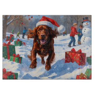 Irish Red Setter Running Snow with Christmas Hat Cutting Board