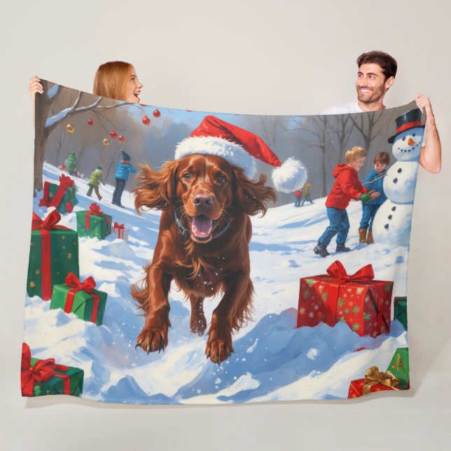 Irish Red Setter Running Snow with Christmas Hat Fleece Blanket (In Situ)