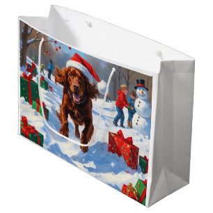 Irish Red Setter Running Snow with Christmas Hat Large Gift Bag