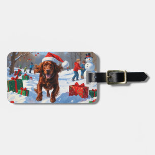 Irish Red Setter Running Snow with Christmas Hat Luggage Tag