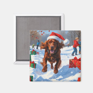 Irish Red Setter Running Snow with Christmas Hat Magnet
