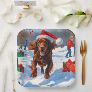 Irish Red Setter Running Snow with Christmas Hat Paper Plate