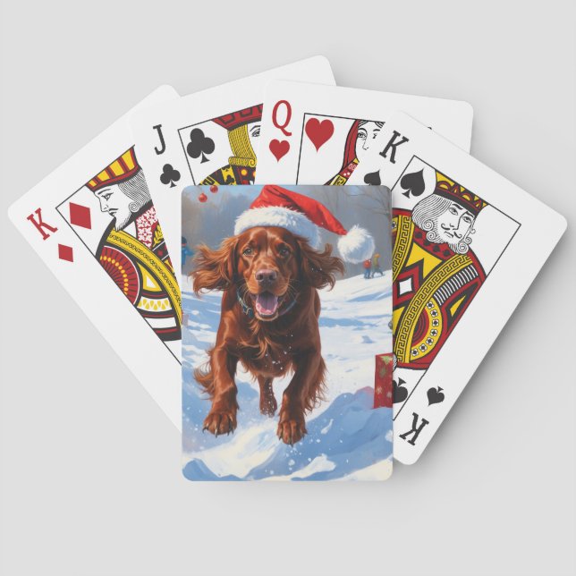 Irish Red Setter Running Snow with Christmas Hat Playing Cards (Back)