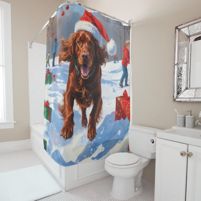 Irish Red Setter Running Snow with Christmas Hat Shower Curtain (In Situ)